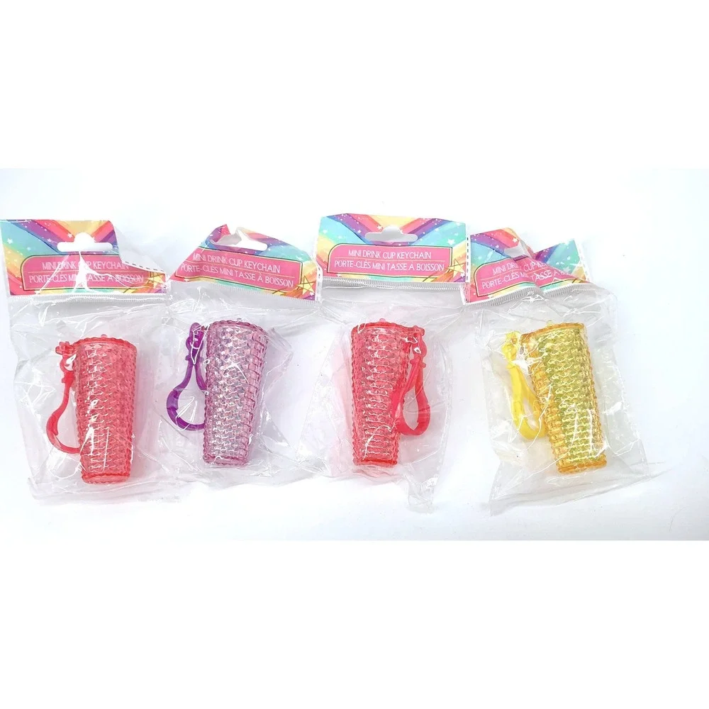 4pc Mini Drink Cup Keychain Set Studded Tumbler Style Bag Charms Multi Color-NEW